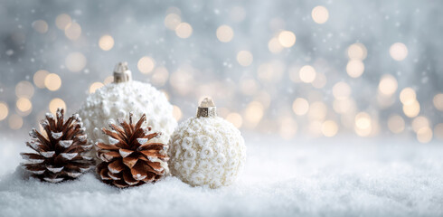 White christmas background with white balls and pine cones on snow, white christmas decoration.