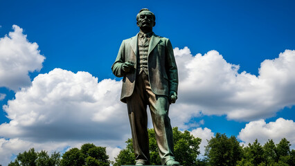A large statue of a man in a suit against a blue sky with white clouds