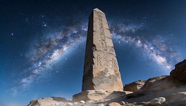 Explore the mysterious ancient egyptian obelisk under the bright milky way galaxy in the desert, egypt.