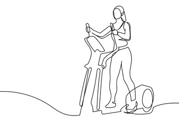 A single, continuous line: A fit woman is exercising on a treadmill. simple line art illustration. Editable stroke.