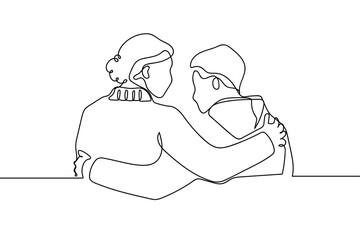A single, continuous line; two people comforting each other with an embrace on a horse bench in a park. simple line art illustration. Editable stroke.