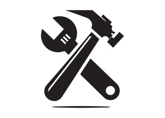 hammer and wrench logo silhouette vector, hand tool logo silhouette illustration, construction equipment logo, repair service wrench crossed over a hammer logo silhouettes vector on white background 