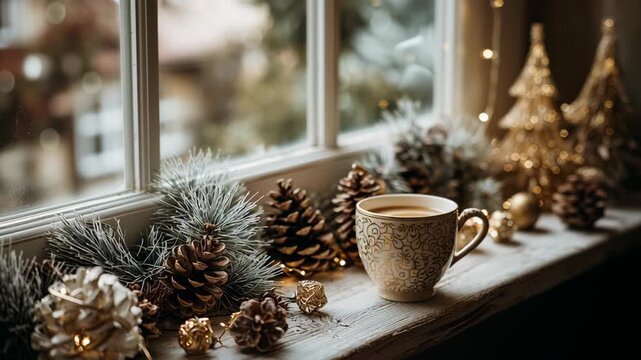 Close-up of window ledge with cup of coffee, pine decor, and mini ornaments, warm lifestyle Christmas mood, small space christmas decor