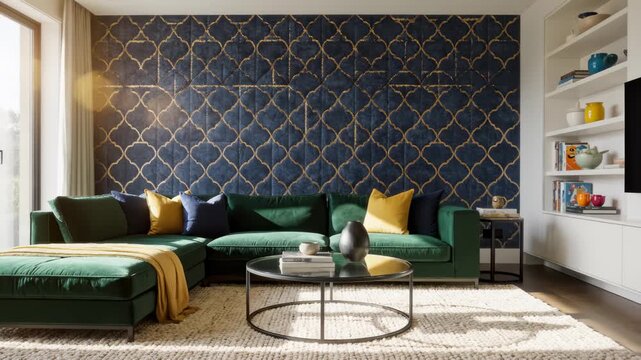 Living Room Interior Design With Green Sofa and Moroccan Pattern Wallpaper