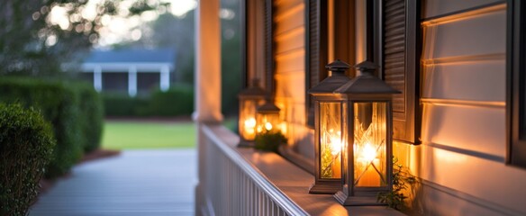 Elegant Porch Lanterns Casting Warm Candlelight Glow at Twilight, Creating a Serene Home Ambiance.