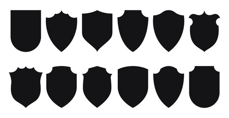 Shield frames. Heraldic protection badges, simple defense and police emblem silhouettes, blank privacy security system icons, knight crest coat of arms kit. Vector monochrome set