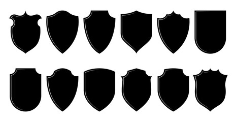 Shield icon. Security shield frames, heraldic emblems privacy protection concept, simple security badge silhouettes, geometric rectangle shields. Vector flat set
