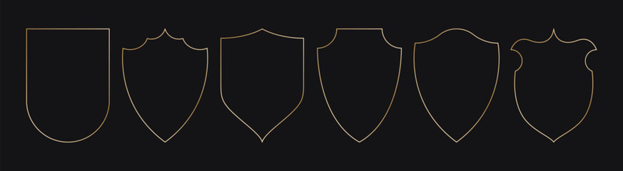 Golden shield frames. Geometric luxury gold borders, simple security badges, elegant thin line decorative shapes for wedding birthday card design, heraldic arch badges. Vector set