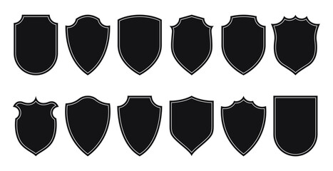 Shield icons. Heraldic shields simple geometric shapes, security black labels and arch badges, privacy protection badge silhouettes, blank shield arch frames. Vector set
