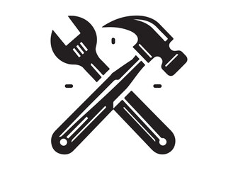 hammer and wrench logo silhouette vector, hand tool logo silhouette illustration, construction equipment logo, repair service wrench crossed over a hammer logo silhouettes vector on white background 