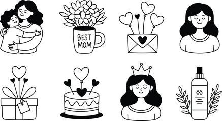 Mother&rsquo;s Day Line Art Icons Set with Mom Portraits, Gifts, Flowers and Love Symbols Vector