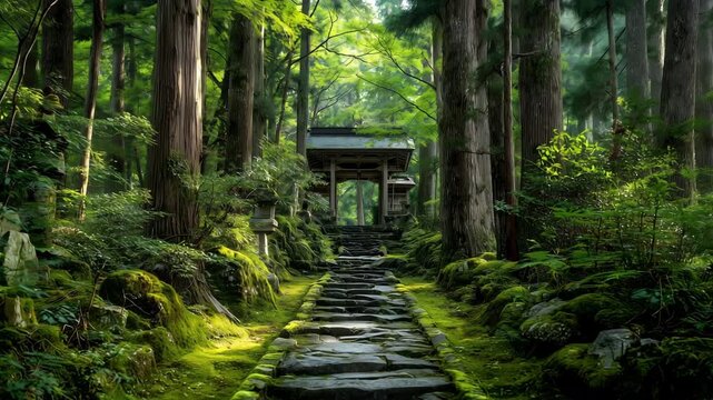 苔に覆われた参道と、森の中に静かに佇む古い社