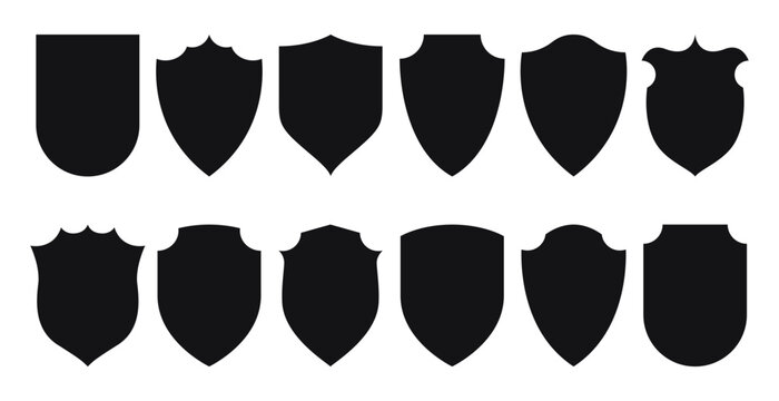 Shield frames. Heraldic protection badges, simple defense and police emblem silhouettes, blank privacy security system icons, knight crest coat of arms kit. Vector monochrome set
