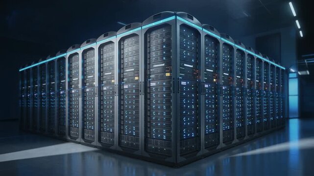 High-tech server room with illuminated racks, modern data center for cloud computing storage