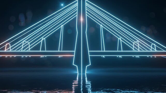 Futuristic illuminated bridge over water at night, showcasing modern architecture and design