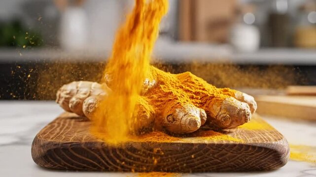 Turmeric powder being poured onto fresh ginger root on a wooden cutting board in a kitchen setting