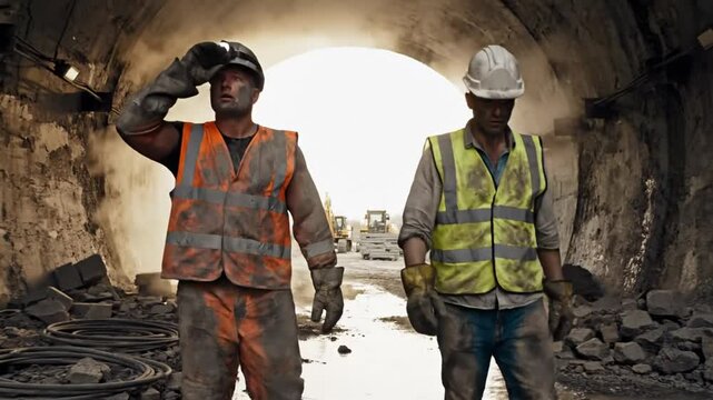 Two construction workers emerge from tunnel with headlamps and safety vests in dusty industrial environment