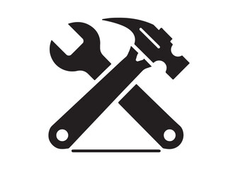 hammer and wrench logo silhouette vector, hand tool logo silhouette illustration, construction equipment logo, repair service wrench crossed over a hammer logo silhouettes vector on white background 