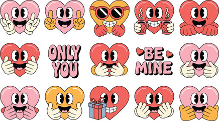 Fototapeta premium Cute Heart Characters with Love Gestures and Valentine Phrases Cartoon Vector Set