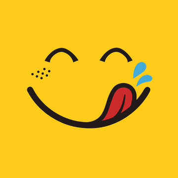 Yummy face smiley icon delicious with tongue lick mouth, tasty food eating emoticon face on yellow background, tasty emoji with saliva drops, smile vector cartoon line style