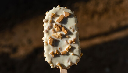 Cookies and cream ice cream bar with visible cookie pieces, coated in white chocolate, served on a stick