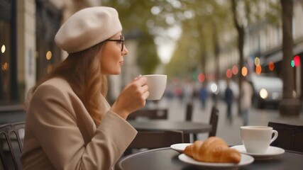 Chic Woman in Beige Beret and Glasses Sipping Coffee at an Outdoor Parisian Cafe with Croissant