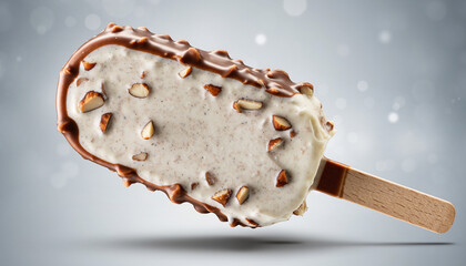Creamy vanilla ice cream bar coated in chocolate with visible almond pieces, on a wooden stick. Clean isolated background.