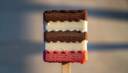 Ice cream bar with visible layers of vanilla and chocolate, coated in thin chocolate shell.