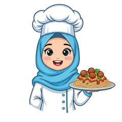 Cute Muslim Woman Chef Cartoon Character Holding Food Tray