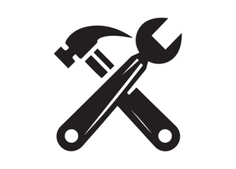 hammer and wrench logo silhouette vector, hand tool logo silhouette illustration, construction equipment logo, repair service wrench crossed over a hammer logo silhouettes vector on white background 