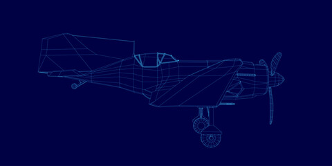 Retro aircraft blueprint featuring a detailed 3D wireframe model on a solid blue background. This technical illustration highlights the plane's classic design and structural framework.