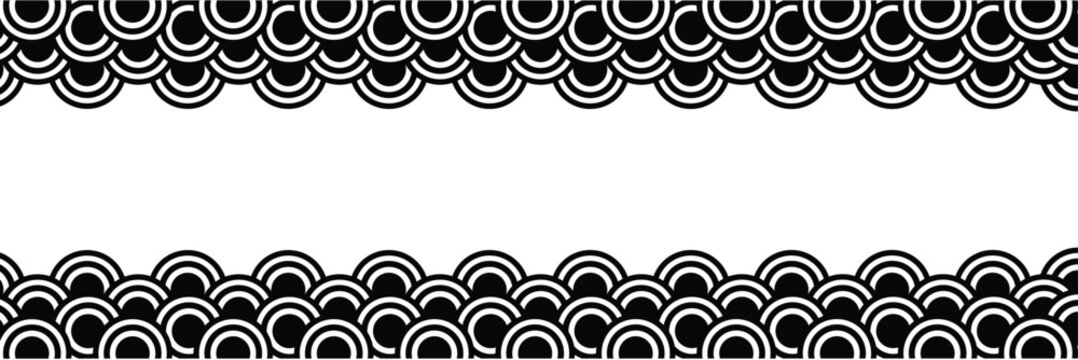  Top and bottom borders with traditional Japanese Seigaiha pattern and space for text. black and white sea or ocean waves print. fish squama or dragon scale. vector graphic illustration.