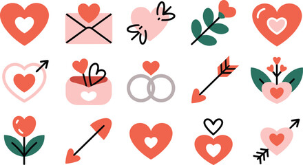 Cute Love and Valentine Icon Set with Hearts, Arrows and Floral Elements Vector