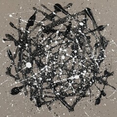 abstract black scribble paint with white splatters on neutral background creating energetic chaotic modern texture