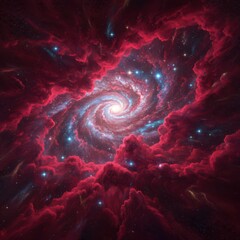 red spiral galaxy within glowing nebula clouds creating dramatic deep space scene with cosmic energy and stars