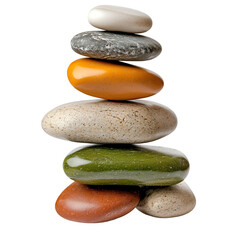 Stack of colorful smooth rocks balanced on transparent background