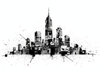 black and white city skyline silhouette with ink splatter representing urban life modern architecture and gritty energy