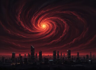 fiery cosmic spiral looming above city skyline symbolizing impending doom and apocalyptic transformation
