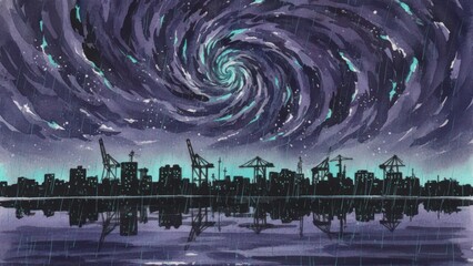 cosmic vortex swirling above city skyline reflecting apocalyptic wonder and surreal celestial energy