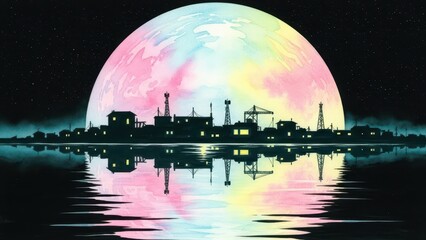 surreal futuristic cityscape reflected on water beneath iridescent planet evoking dreamlike sci fi atmosphere