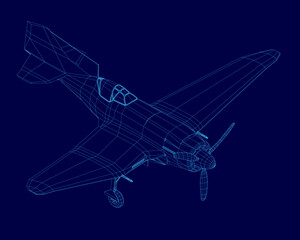 Retro aircraft wireframe model with detailed wings, tail, and cockpit visible. The 3D rendering on a blue background provides a realistic technical visualization.