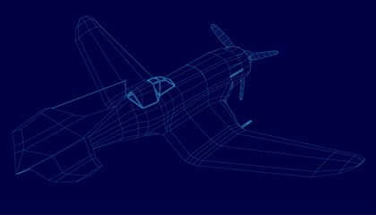 A retro wireframe plane model floats against a solid blue background. The 3D rendering provides a realistic and detailed view of the aircraft's structure.