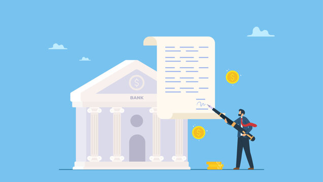 Businessman signing signature on obligation banking document. Obligation, debt or bank loan responsible to pay back with interest rate, legal money credit or borrowing document with signature.