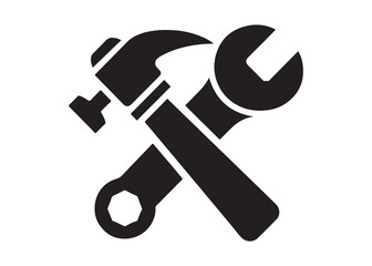 hammer and wrench logo silhouette vector, hand tool logo silhouette illustration, construction equipment logo, repair service wrench crossed over a hammer logo silhouettes vector on white background 