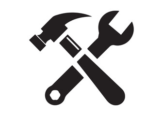 hammer and wrench logo silhouette vector, hand tool logo silhouette illustration, construction equipment logo, repair service wrench crossed over a hammer logo silhouettes vector on white background 