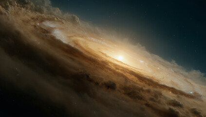 Tilted View of Spiral Galaxy Disk with Thick Dust Clouds and Bright Core