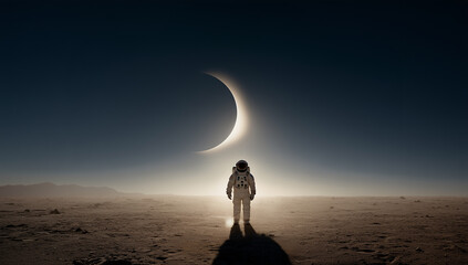 Tiny Astronaut Silhouette Standing under Giant Crescent Moon