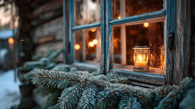 Close-up of wooden cabin window with frost and candlelight inside, pine branches and soft Christmas glow, off-grid cozy atmosphere, off grid christmas cabin