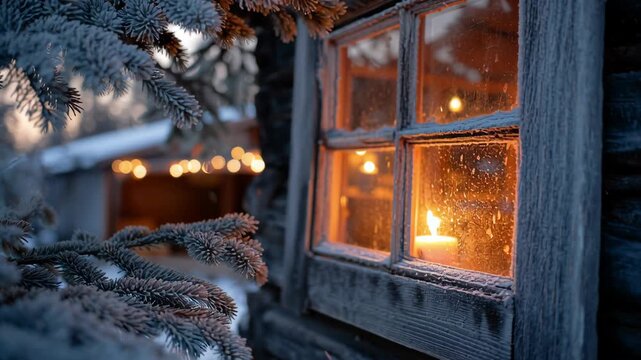 Close-up of wooden cabin window with frost and candlelight inside, pine branches and soft Christmas glow, off-grid cozy atmosphere, off grid christmas cabin