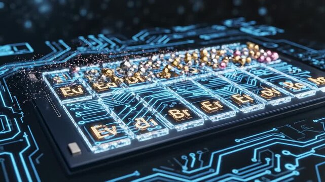 Dynamic visualization showcasing microscopic particles moving into a stylized electric vehicle battery schematic representing essential rare earth elements abstract loop, chemical reaction, macro shot